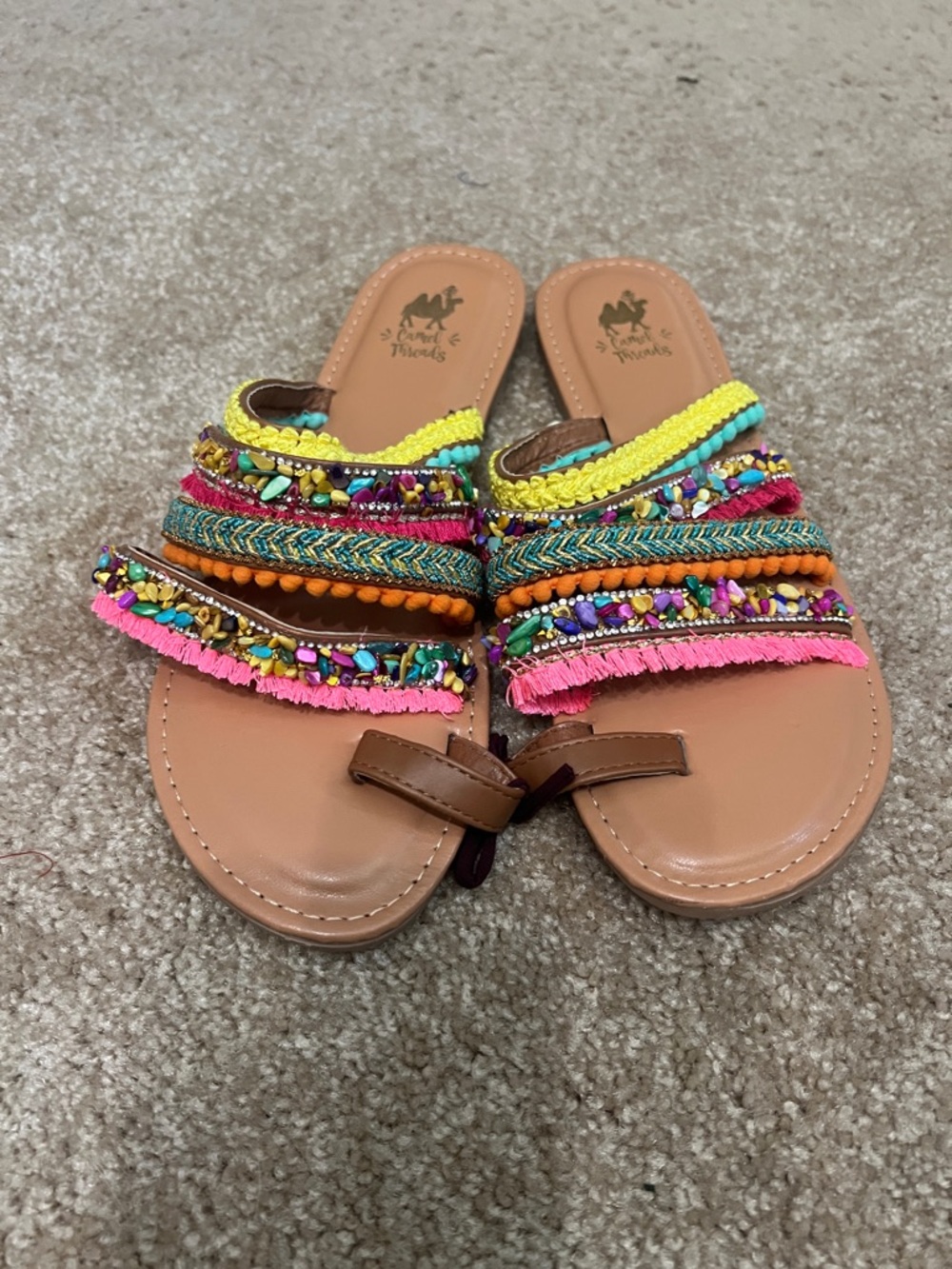 Boho Multicolor Beaded Fringe Slide Sandals - Brown